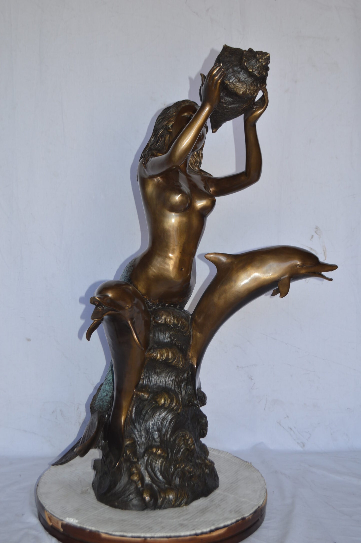 Mermaid with Two Dolphins Bronze Fountain Art Nude - Size: 26"L x 22"W x 43"H.