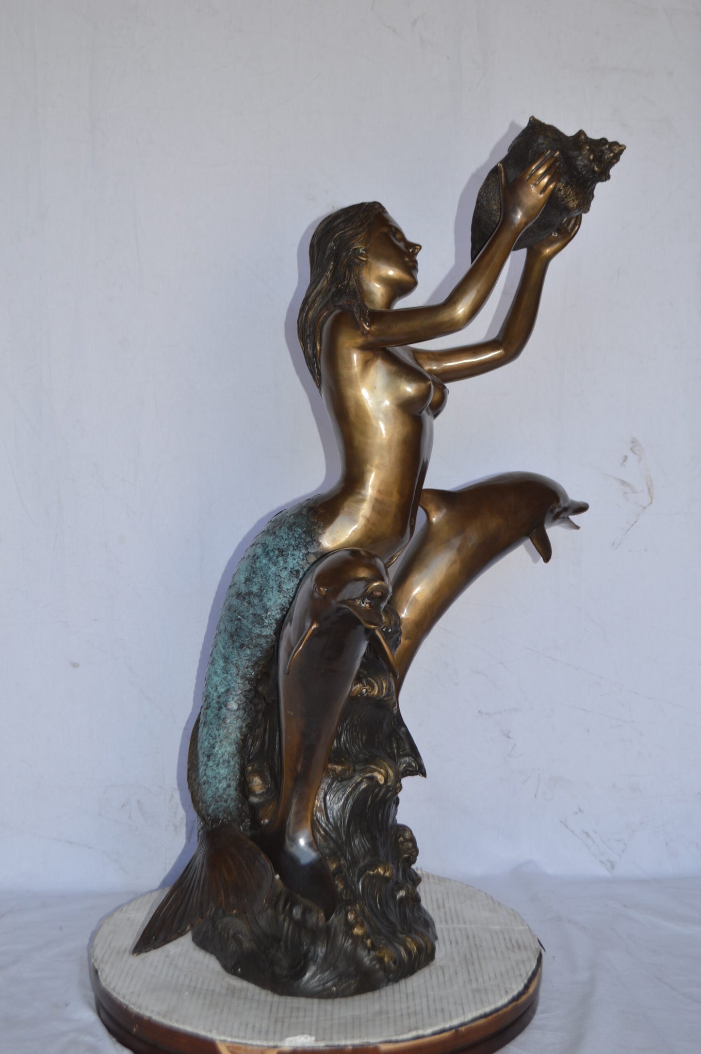 Mermaid with Two Dolphins Bronze Fountain Art Nude - Size: 26"L x 22"W x 43"H.