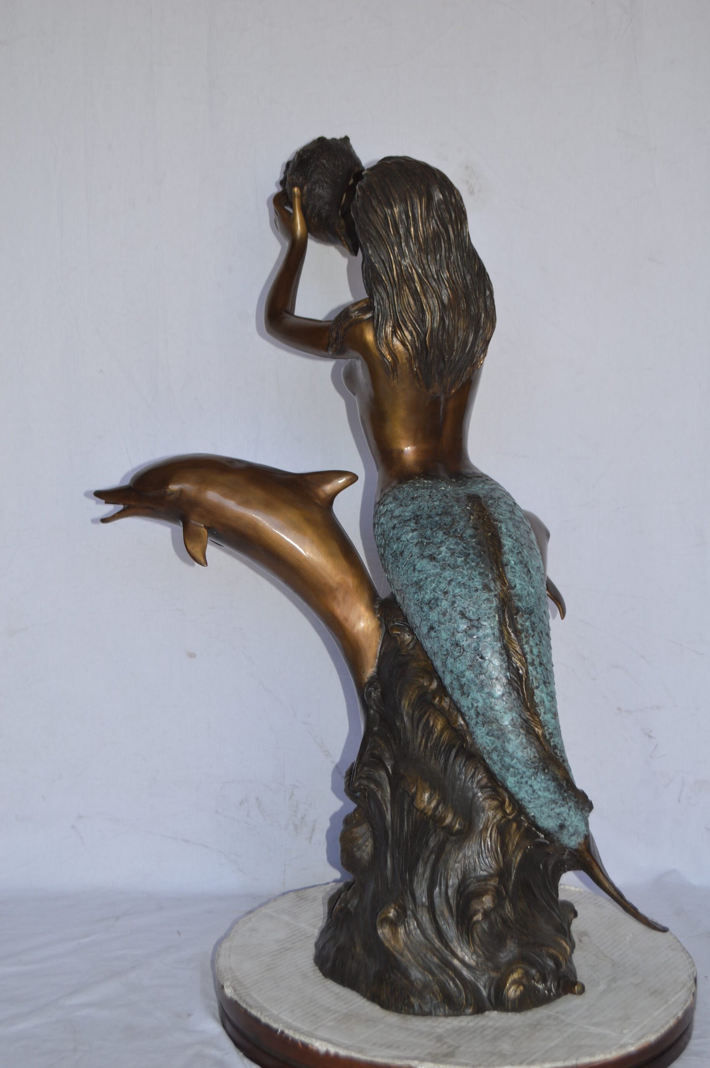Mermaid with Two Dolphins Bronze Fountain Art Nude - Size: 26"L x 22"W x 43"H.