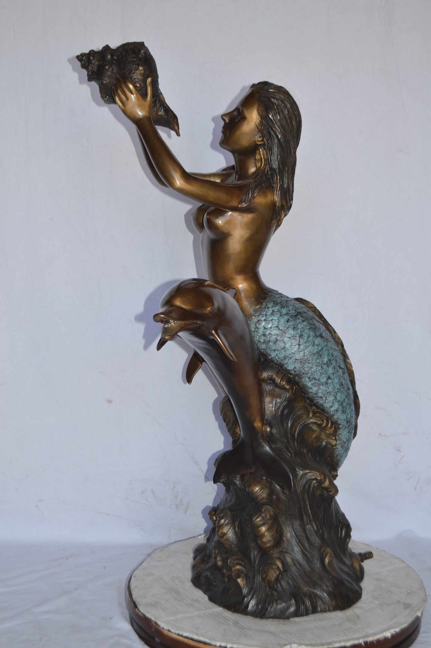 Mermaid with Two Dolphins Bronze Fountain Art Nude - Size: 26"L x 22"W x 43"H.