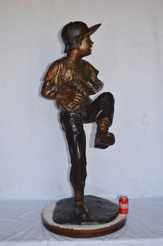 Baseball Pitcher in Action Bronze Statue - Size: 32"L x 20"W x 51"H.