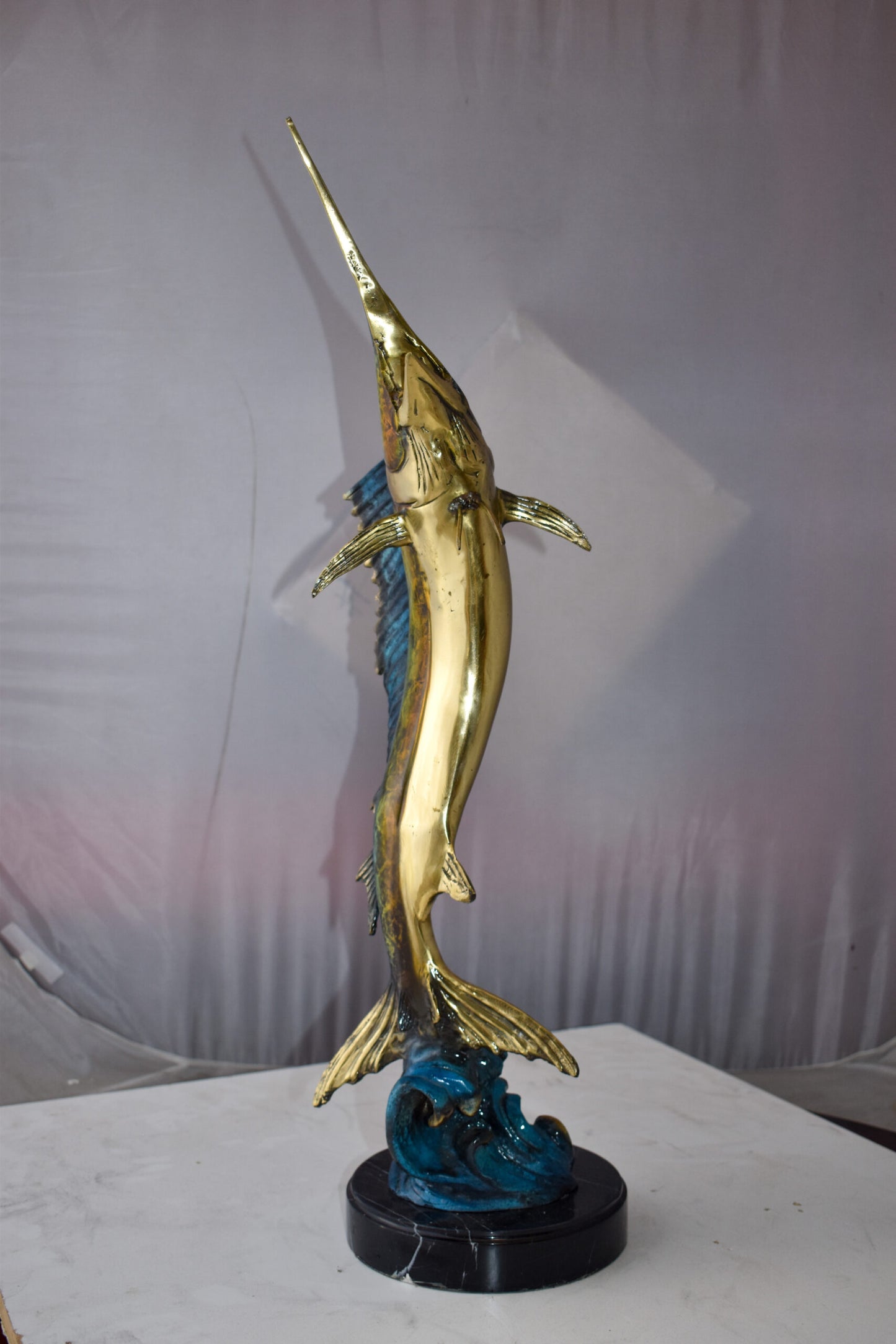 Upright Fierce Marlin Jumping Off the Water Bronze Statue Size: 12" x 8" x 30"H
