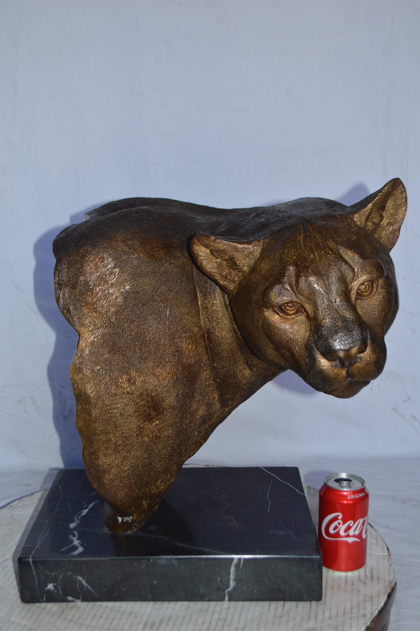 Mountain Lion Head bronze statue on a marble base - Size: 18"L x 15"W x 21"H.