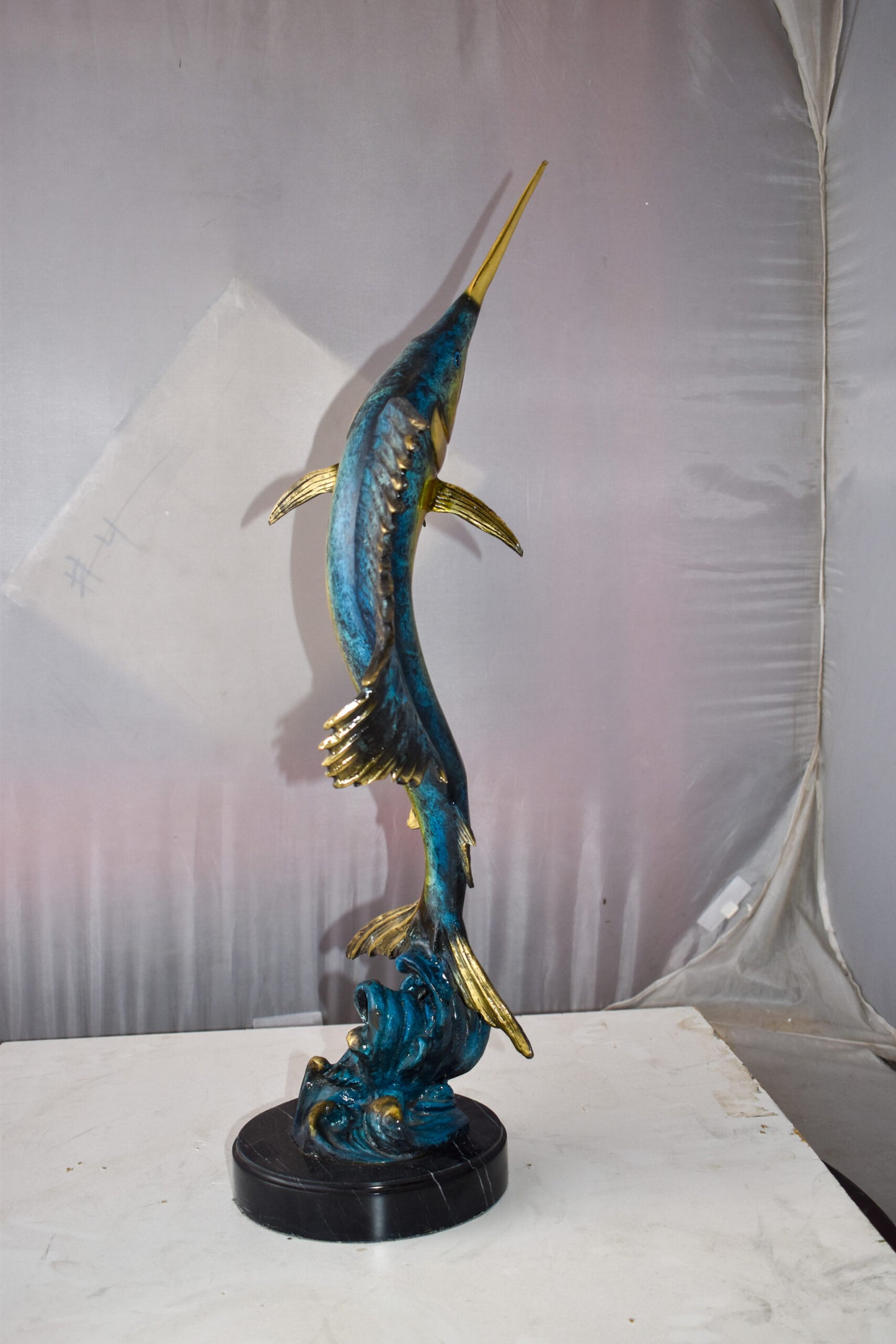 Upright Fierce Marlin Jumping Off the Water Bronze Statue Size: 12" x 8" x 30"H