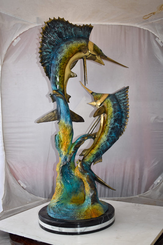 Set Of Intertwined Sailfish and Marlin Colored Bronze Statue 27" x 20" x 47"H
