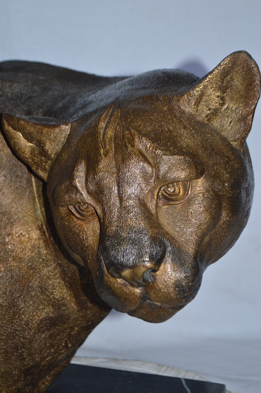 Mountain Lion Head bronze statue on a marble base - Size: 18"L x 15"W x 21"H.