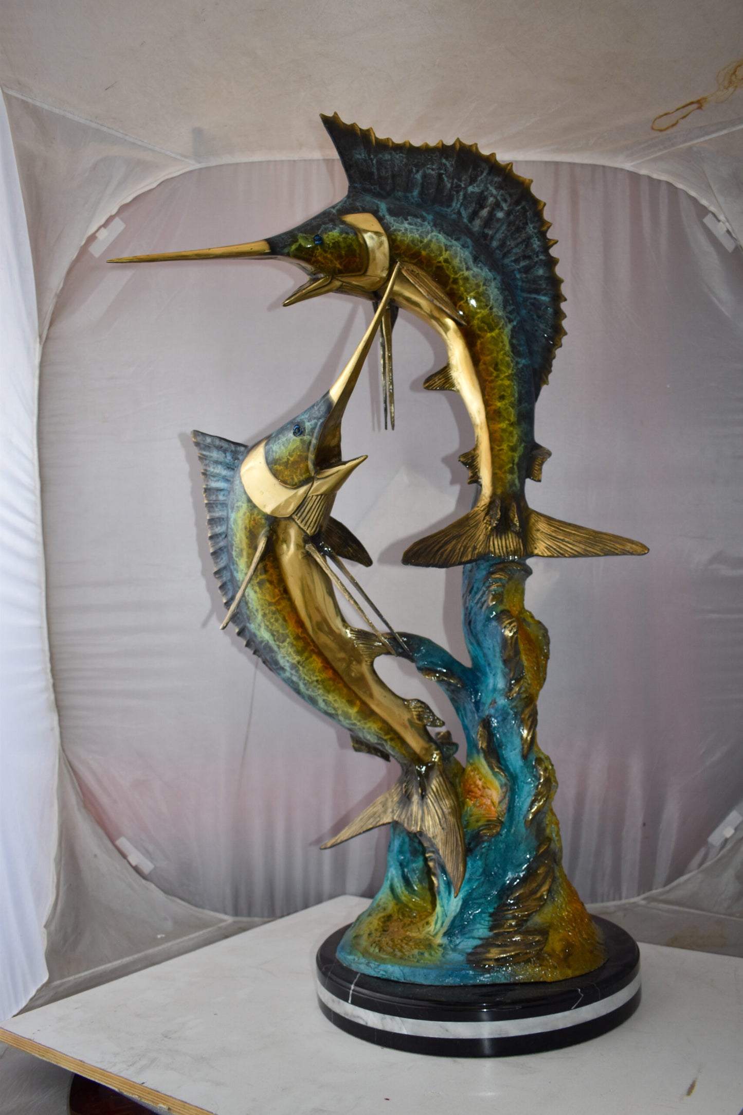 Set Of Intertwined Sailfish and Marlin Colored Bronze Statue 27" x 20" x 47"H