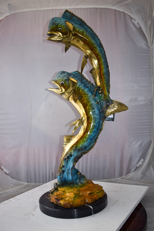 Impressive Pair of Dorado Mahi Mahi Fish Bronze Statue Size: 20" x 18" x 42"H