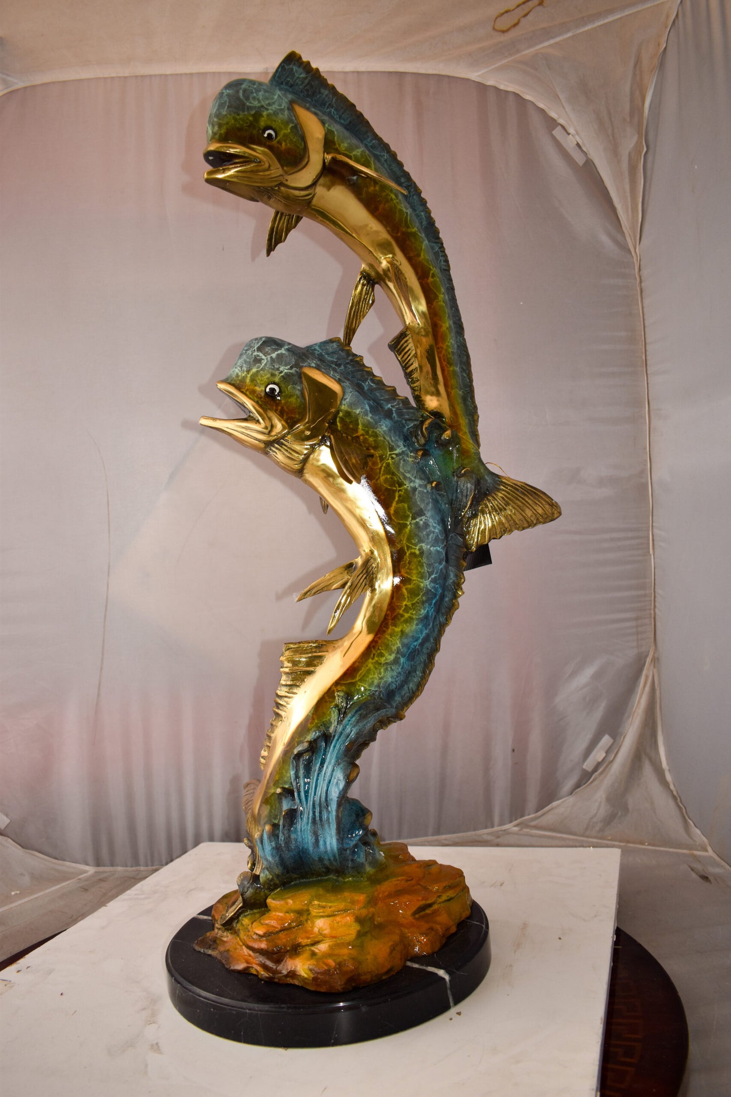 Impressive Pair of Dorado Mahi Mahi Fish Bronze Statue Size: 20" x 18" x 42"H