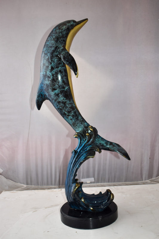 Dolphin Jumping the Waves Colored Bronze Statue Size: 15" x 10" x 31"H