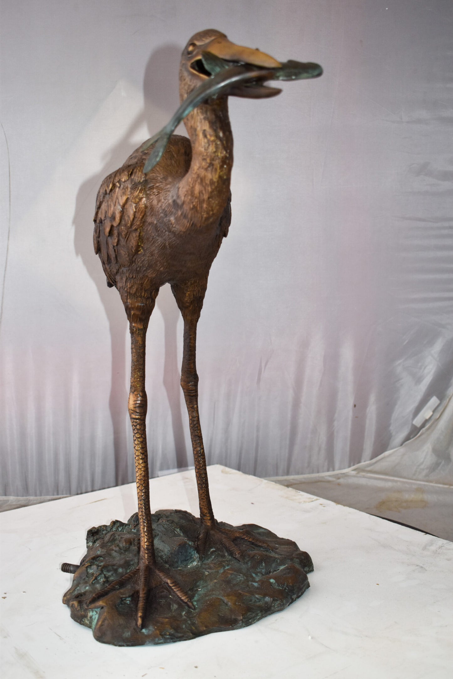 Heron With Prey Brown Patina Bronze Statue Fountain Size: 26" x 15" x 25"H