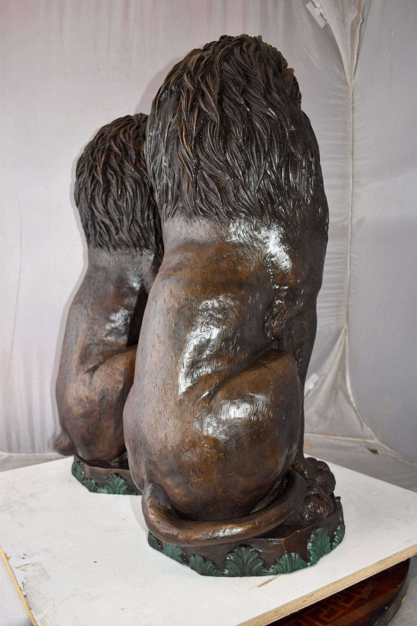 Pair Of Lions Sitting on Base Very Detailed Bronze Statues 13" x 26" x 34"H