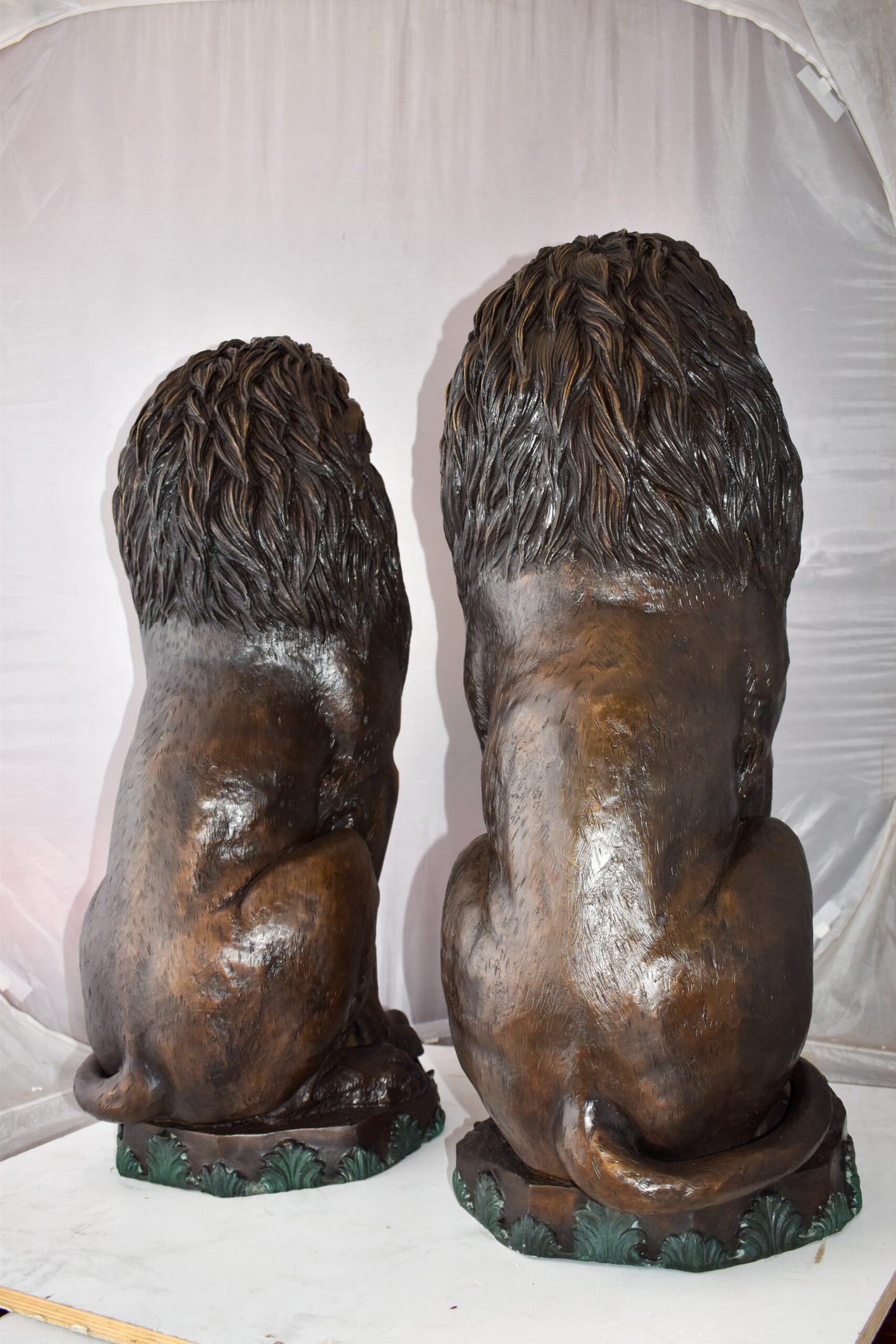 Pair Of Lions Sitting on Base Very Detailed Bronze Statues 13" x 26" x 34"H