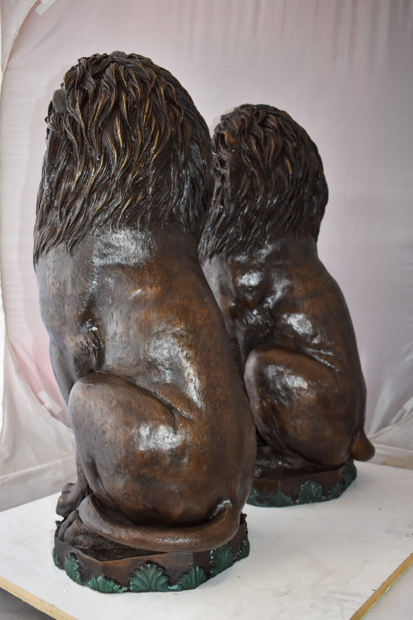 Pair Of Lions Sitting on Base Very Detailed Bronze Statues 13" x 26" x 34"H