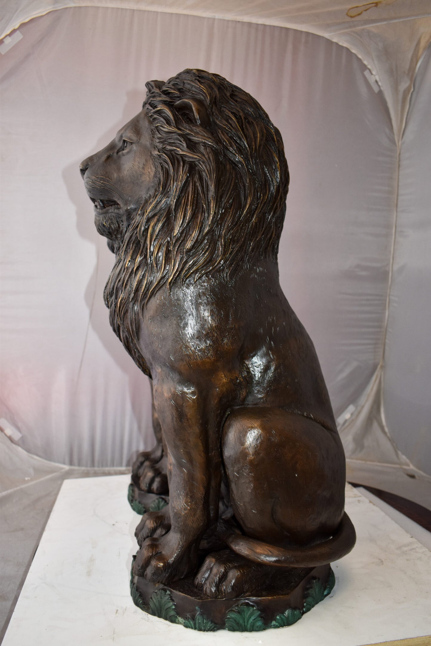 Pair Of Lions Sitting on Base Very Detailed Bronze Statues 13" x 26" x 34"H
