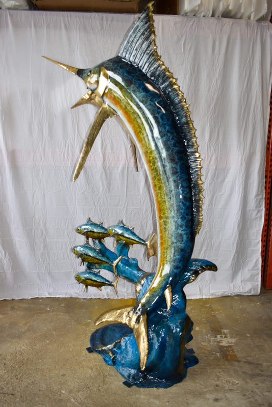 Giant Colored Marlin Fish W 4 Jack Fish Bronze Statue Fountain 85" x 30" x 90"H