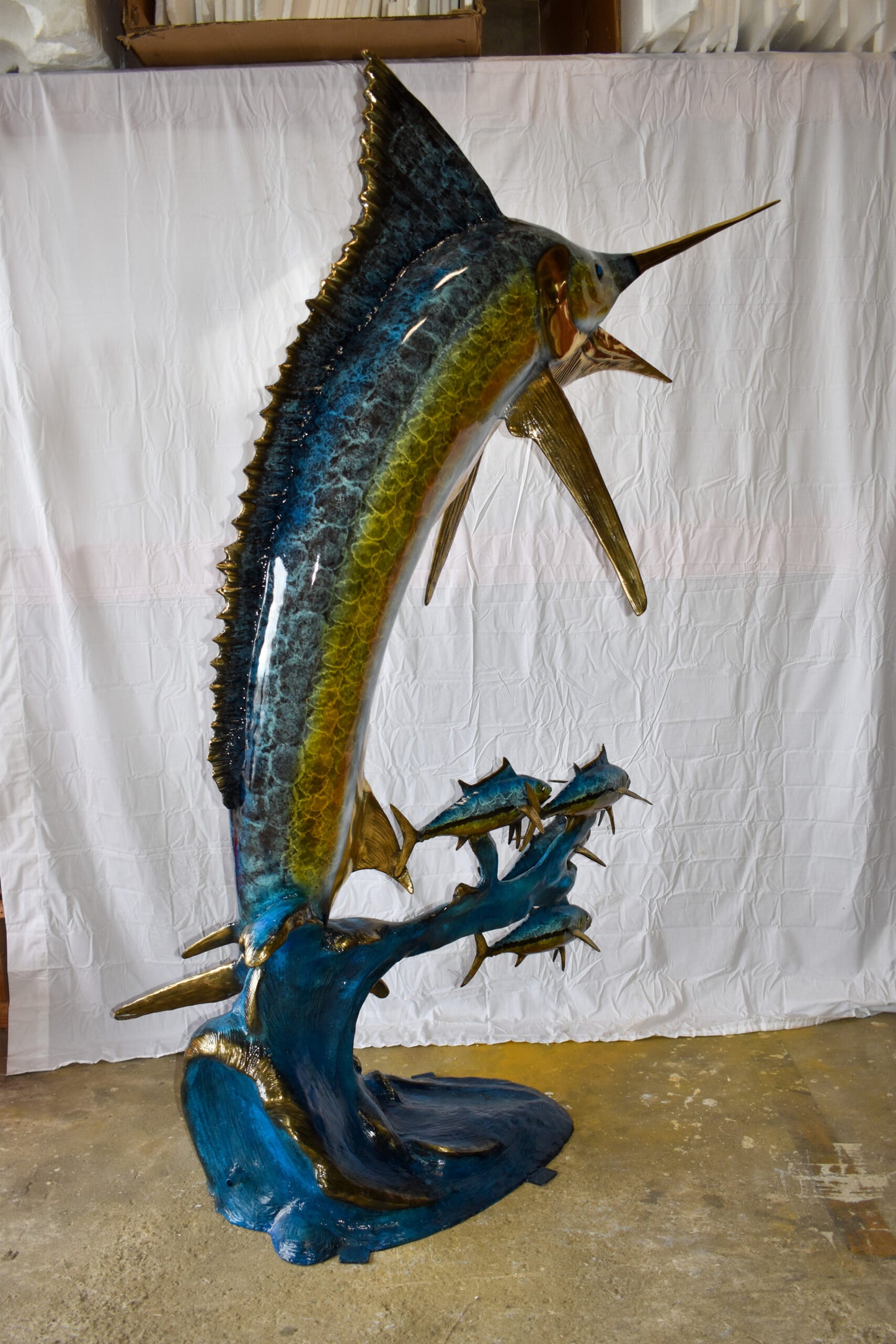 Giant Colored Marlin Fish W 4 Jack Fish Bronze Statue Fountain 85" x 30" x 90"H