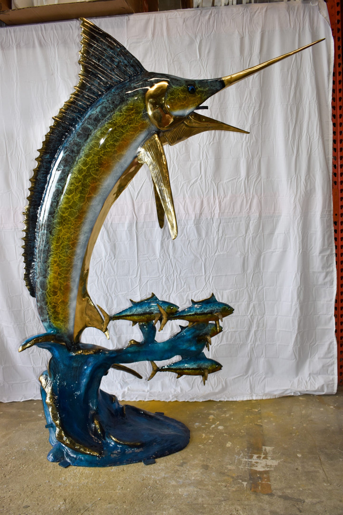 Giant Colored Marlin Fish W 4 Jack Fish Bronze Statue Fountain 85" x 30" x 90"H