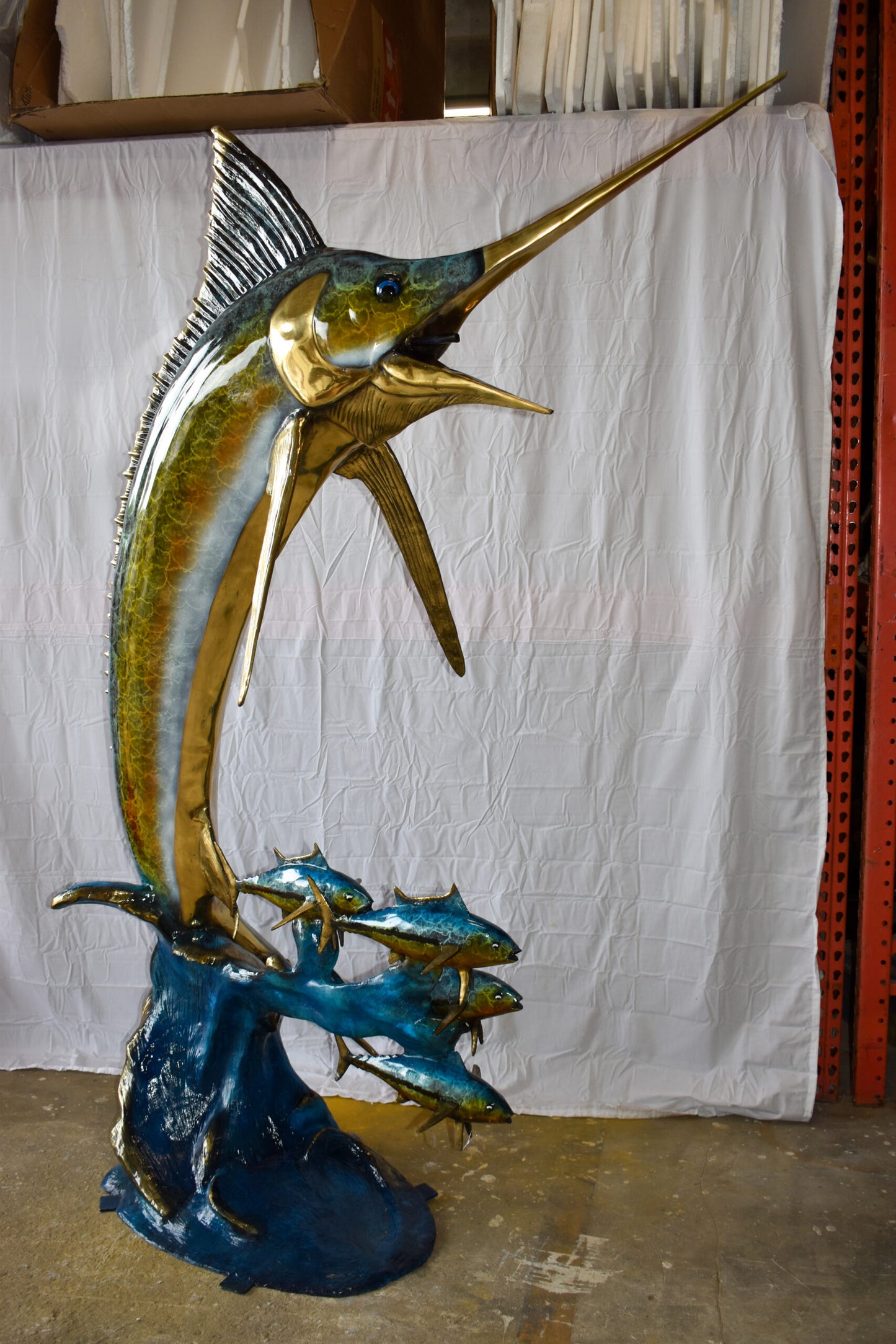 Giant Colored Marlin Fish W 4 Jack Fish Bronze Statue Fountain 85" x 30" x 90"H