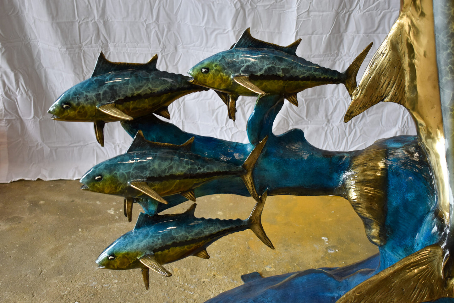 Giant Colored Marlin Fish W 4 Jack Fish Bronze Statue Fountain 85" x 30" x 90"H