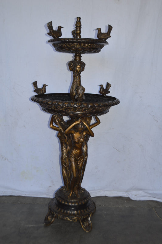 Large bronze water fountain with girls and birds - Size: 28"L x 28"W x 65"H.