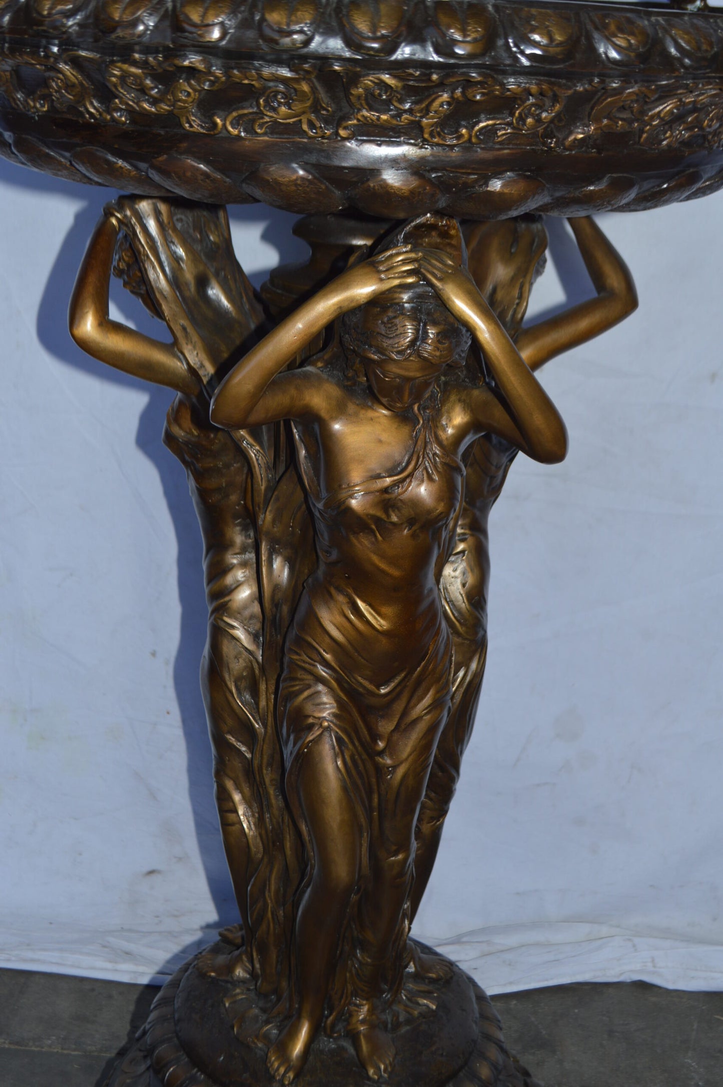 Large bronze water fountain with girls and birds - Size: 28"L x 28"W x 65"H.