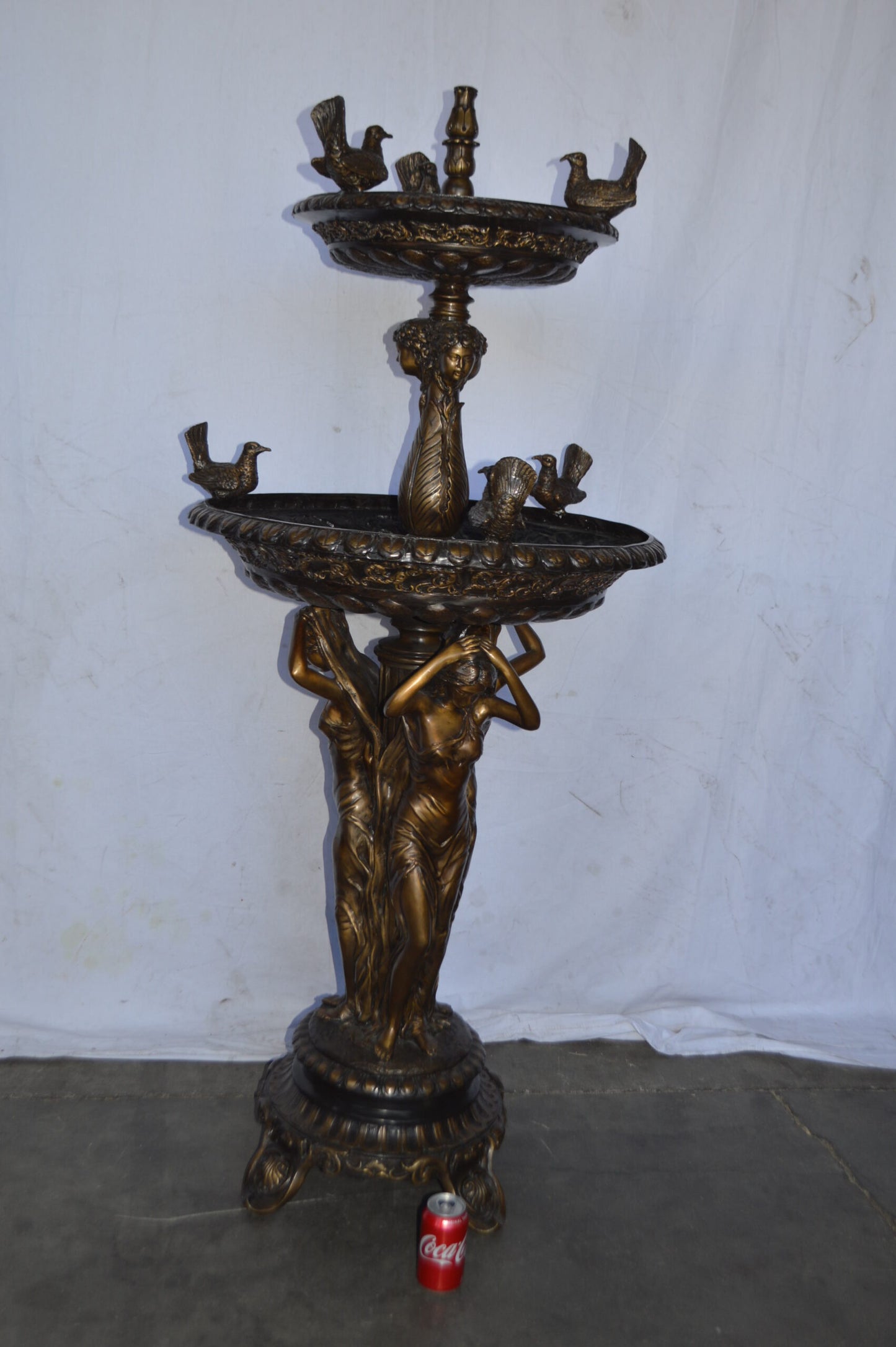 Large bronze water fountain with girls and birds - Size: 28"L x 28"W x 65"H.