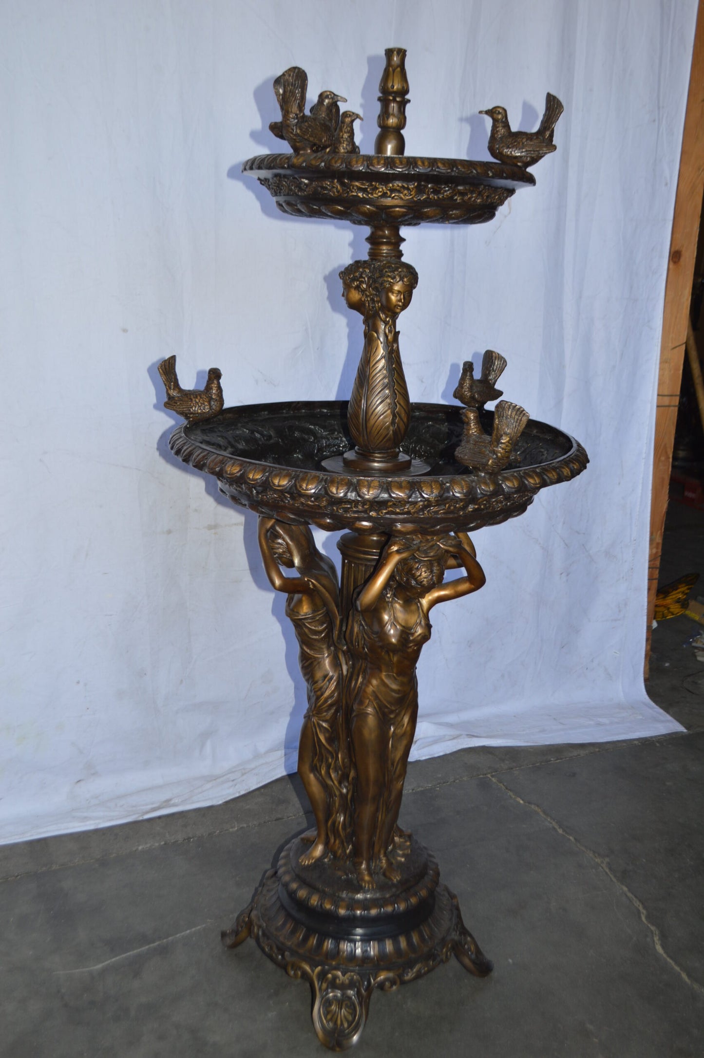 Large bronze water fountain with girls and birds - Size: 28"L x 28"W x 65"H.