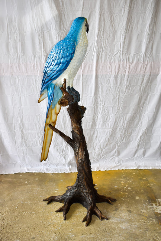 Giant Blue and White Parrot Standing on A Tree Bronze Statue 30" x 24" x 66"H