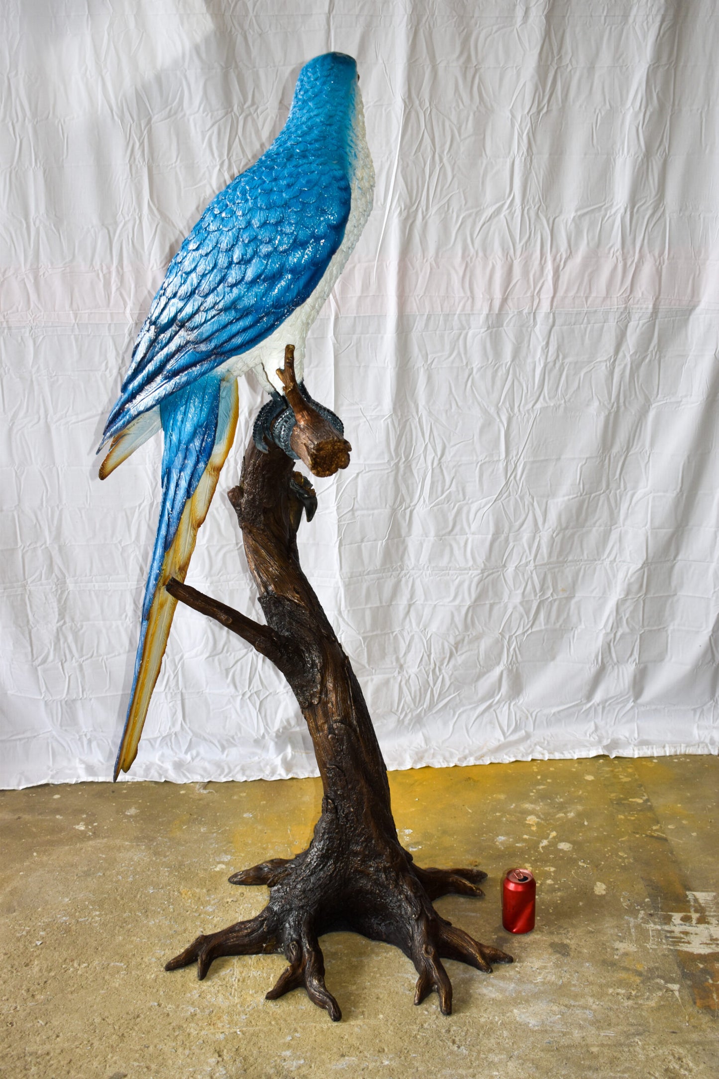 Giant Blue and White Parrot Standing on A Tree Bronze Statue 30" x 24" x 66"H