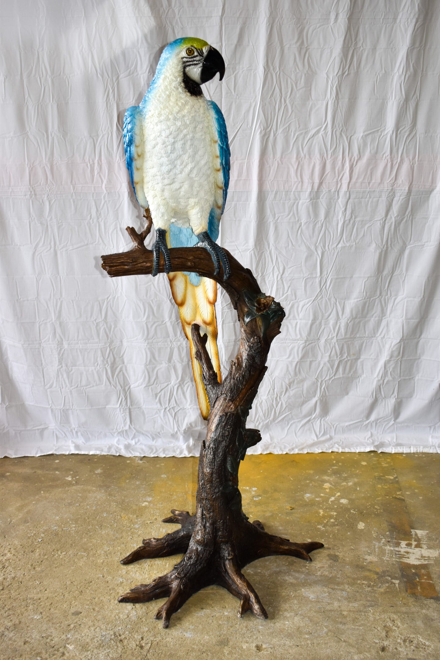 Giant Blue and White Parrot Standing on A Tree Bronze Statue 30" x 24" x 66"H