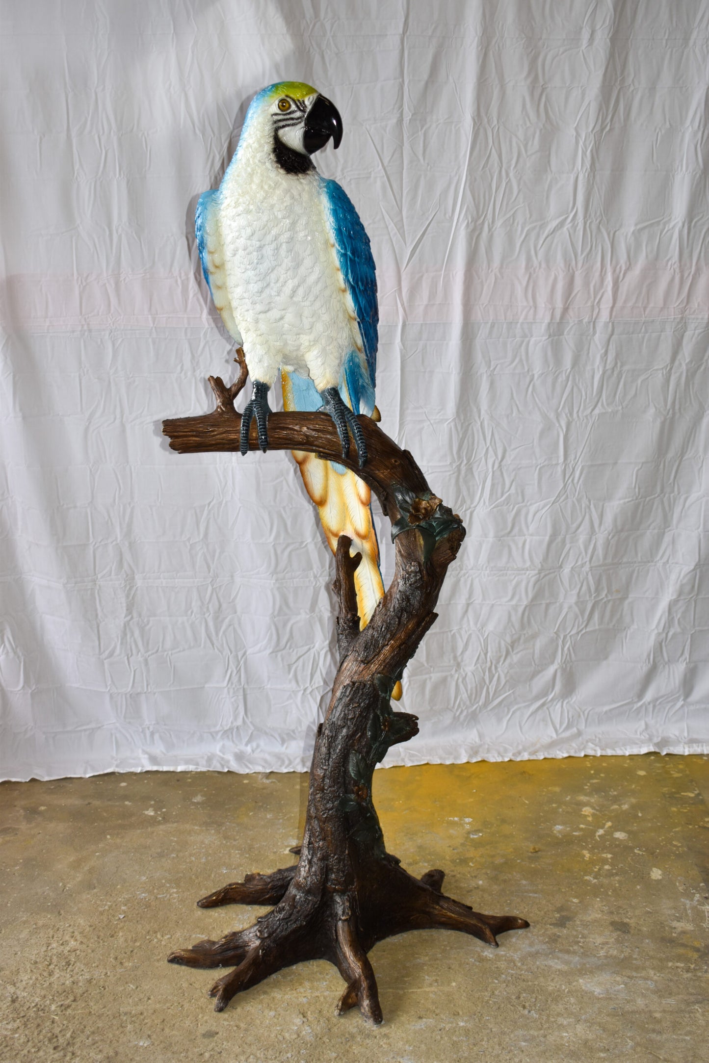 Giant Blue and White Parrot Standing on A Tree Bronze Statue 30" x 24" x 66"H