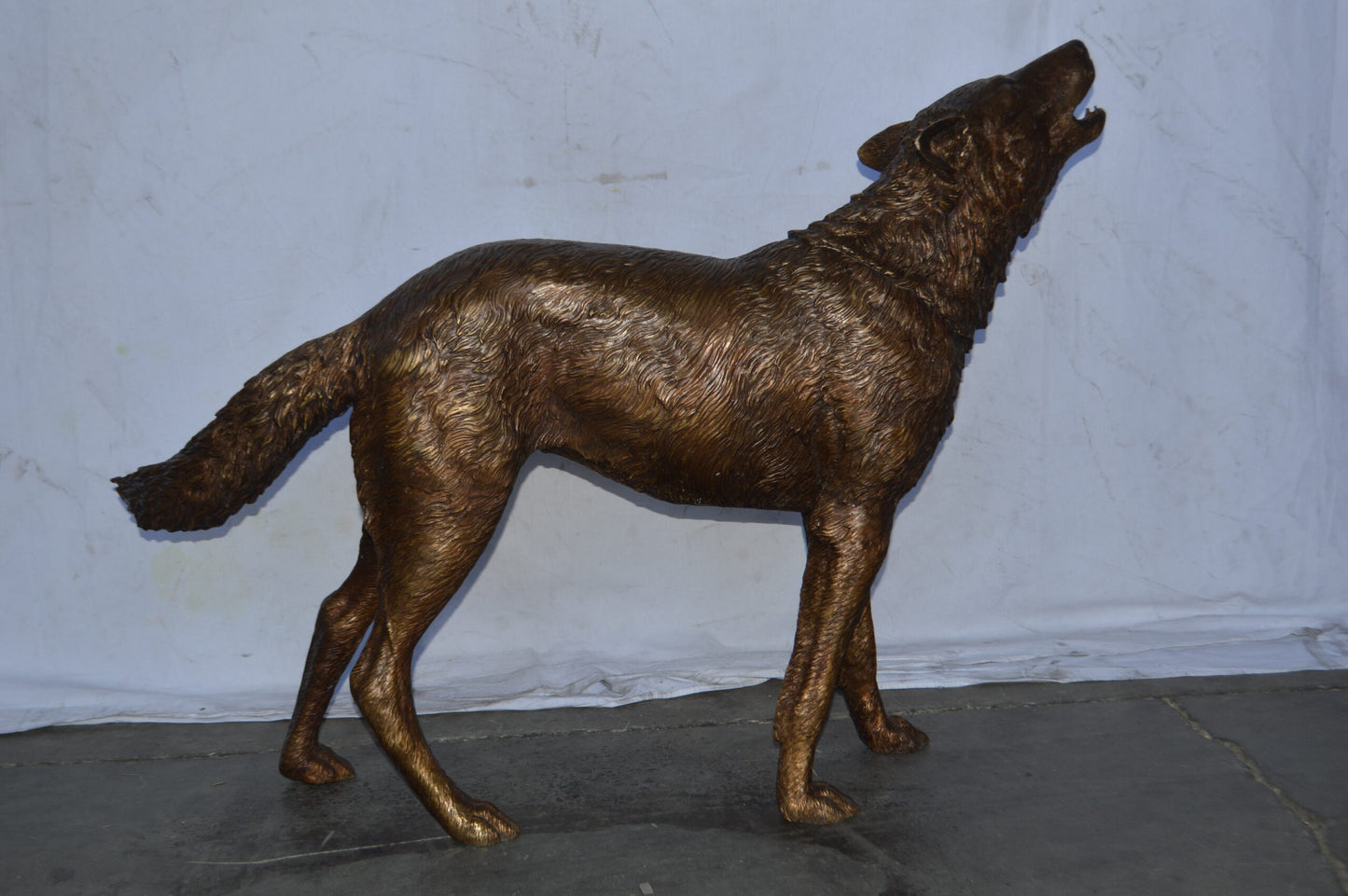 Wolf Standing and Howling Life Size Bronze Statue - Size: 45"L x 15"W x 34"H.