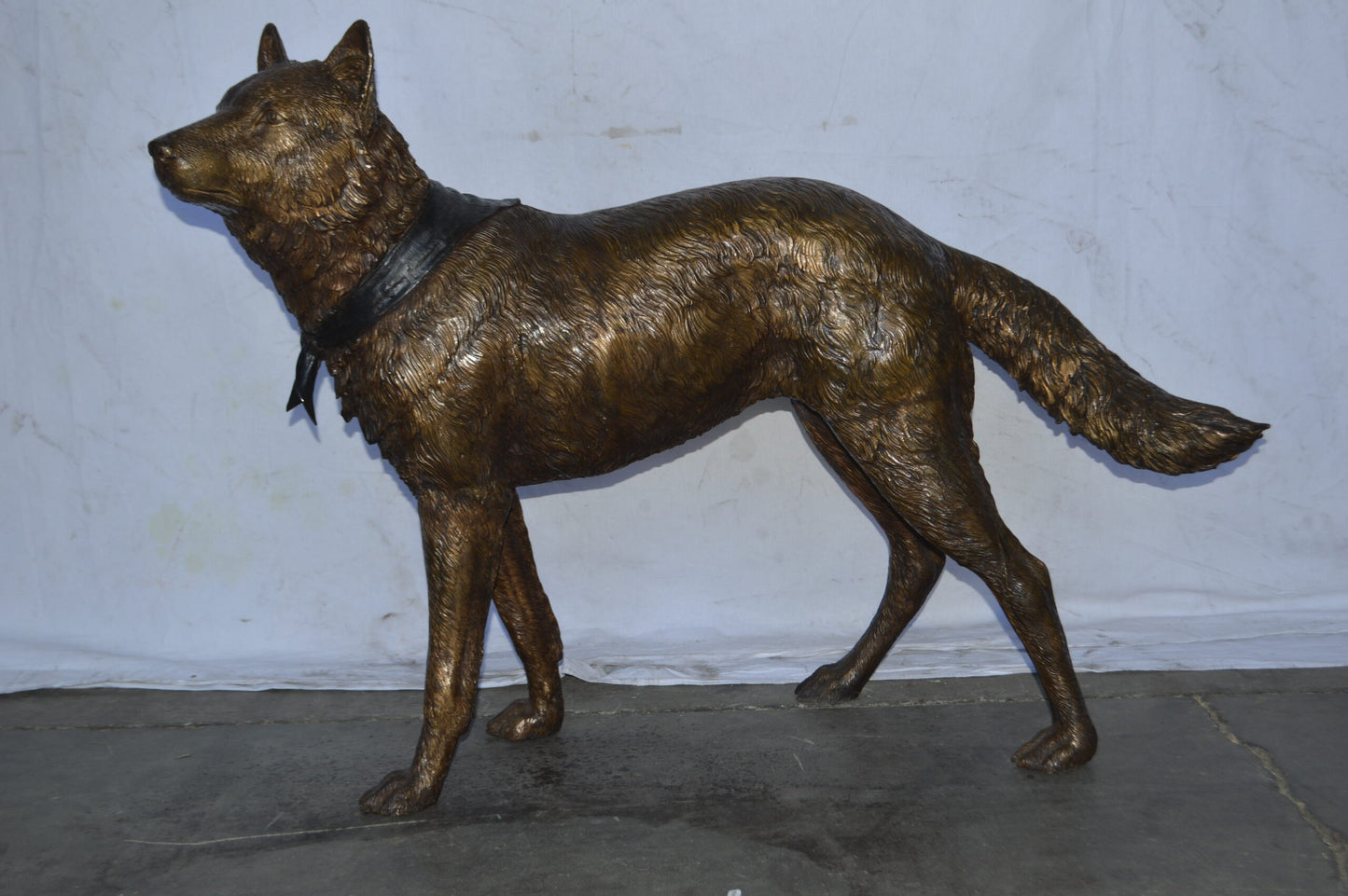 Wolf Standing Life Size Bronze Statue - Size: 45"L x 15"W x 33"H.
