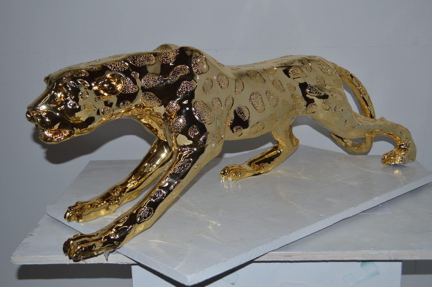 Modern Art Large Gold Jaguar Statue Made of Resin - Size: 42"L x 8"W x 14"H.