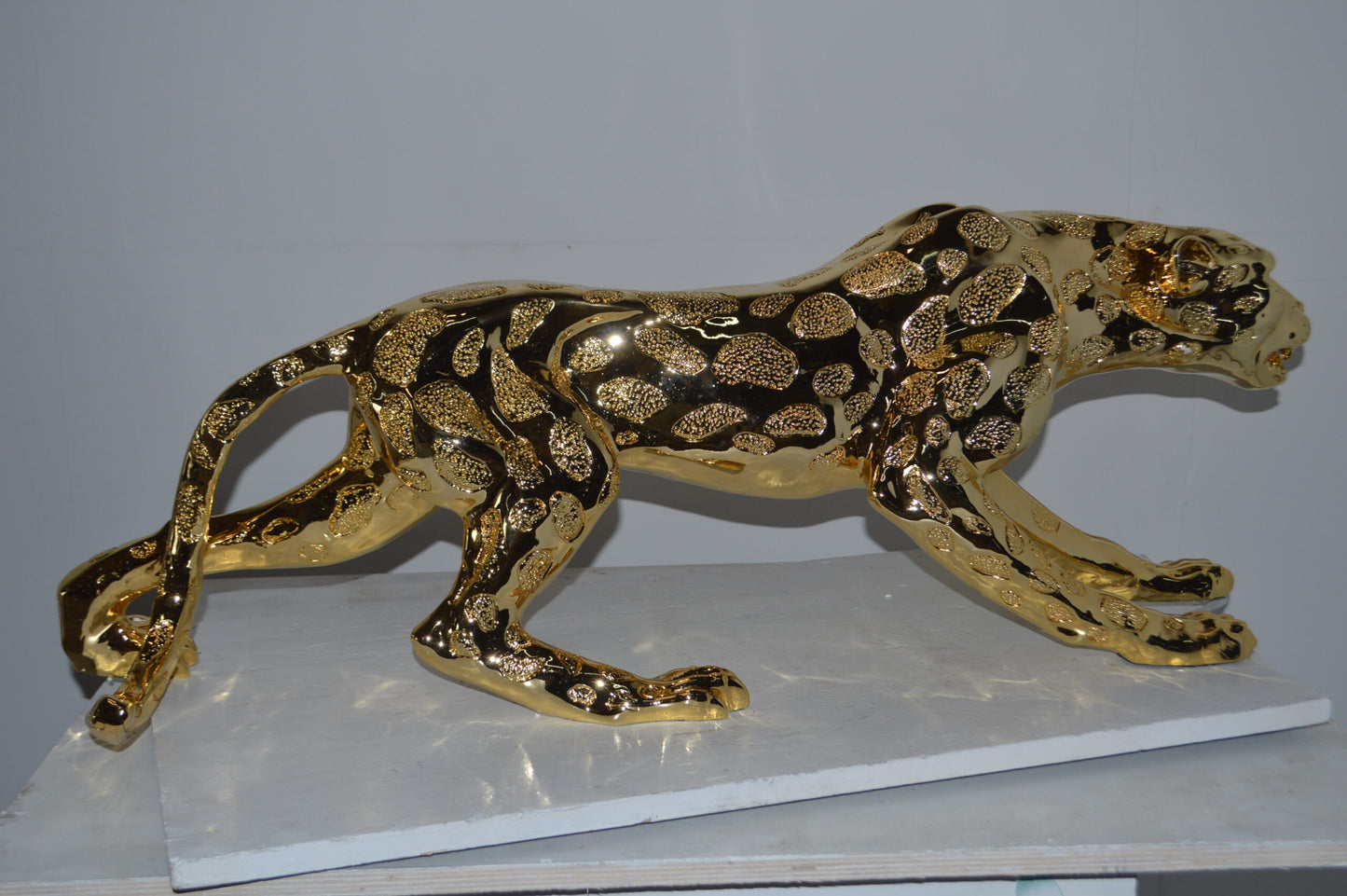 Modern Art Large Gold Jaguar Statue Made of Resin - Size: 42"L x 8"W x 14"H.
