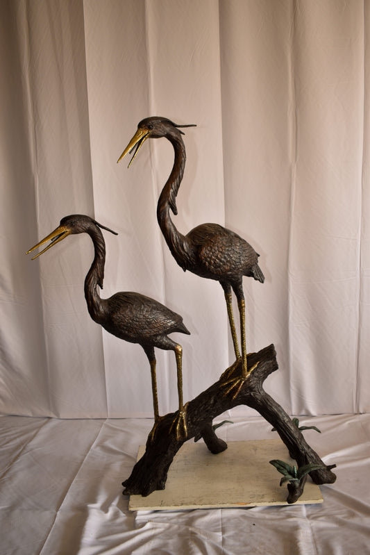 Two Herons on a Tree log Bronze Fountain Statue 38" x 19" x 64"H