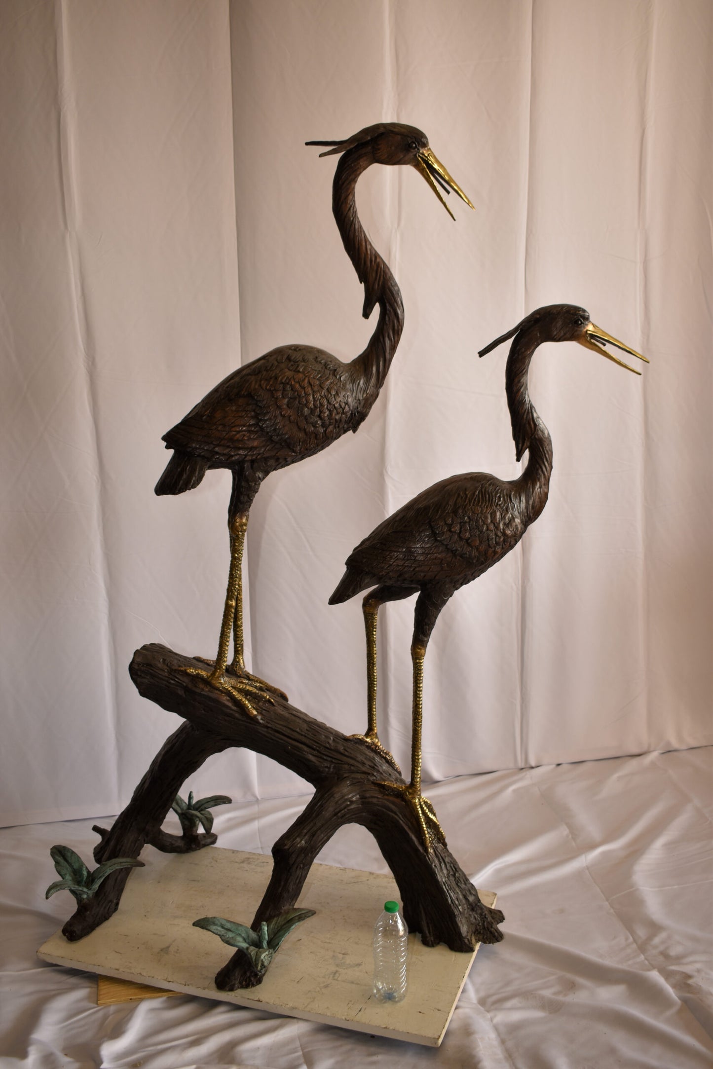 Two Herons on a Tree log Bronze Fountain Statue 38" x 19" x 64"H