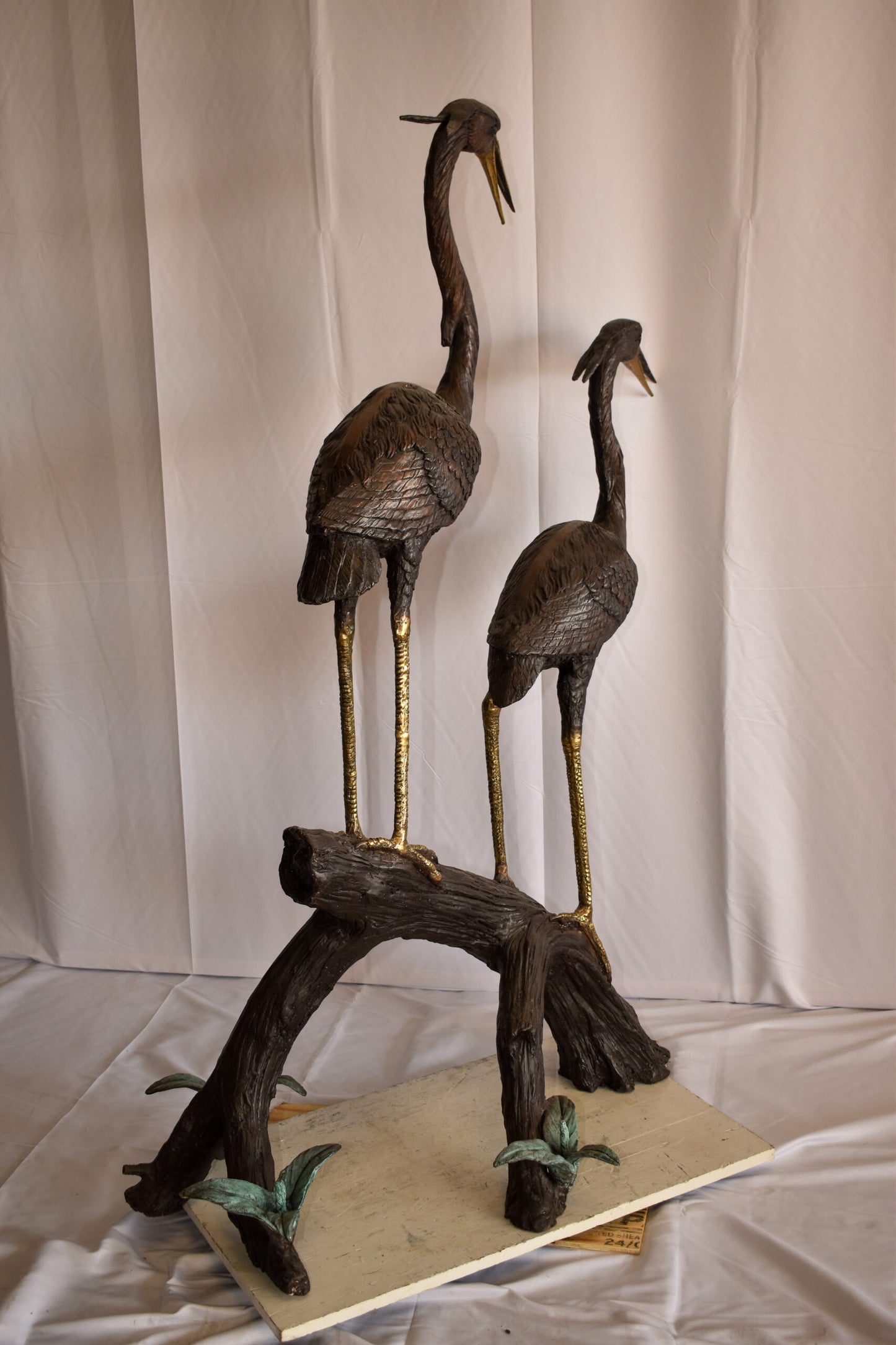 Two Herons on a Tree log Bronze Fountain Statue 38" x 19" x 64"H