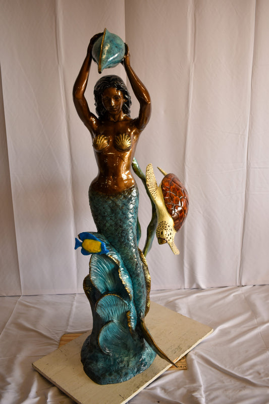 Mermaid With Clown fish and Turtle Bronze Fountain Statue 32" x 19" x 60"H