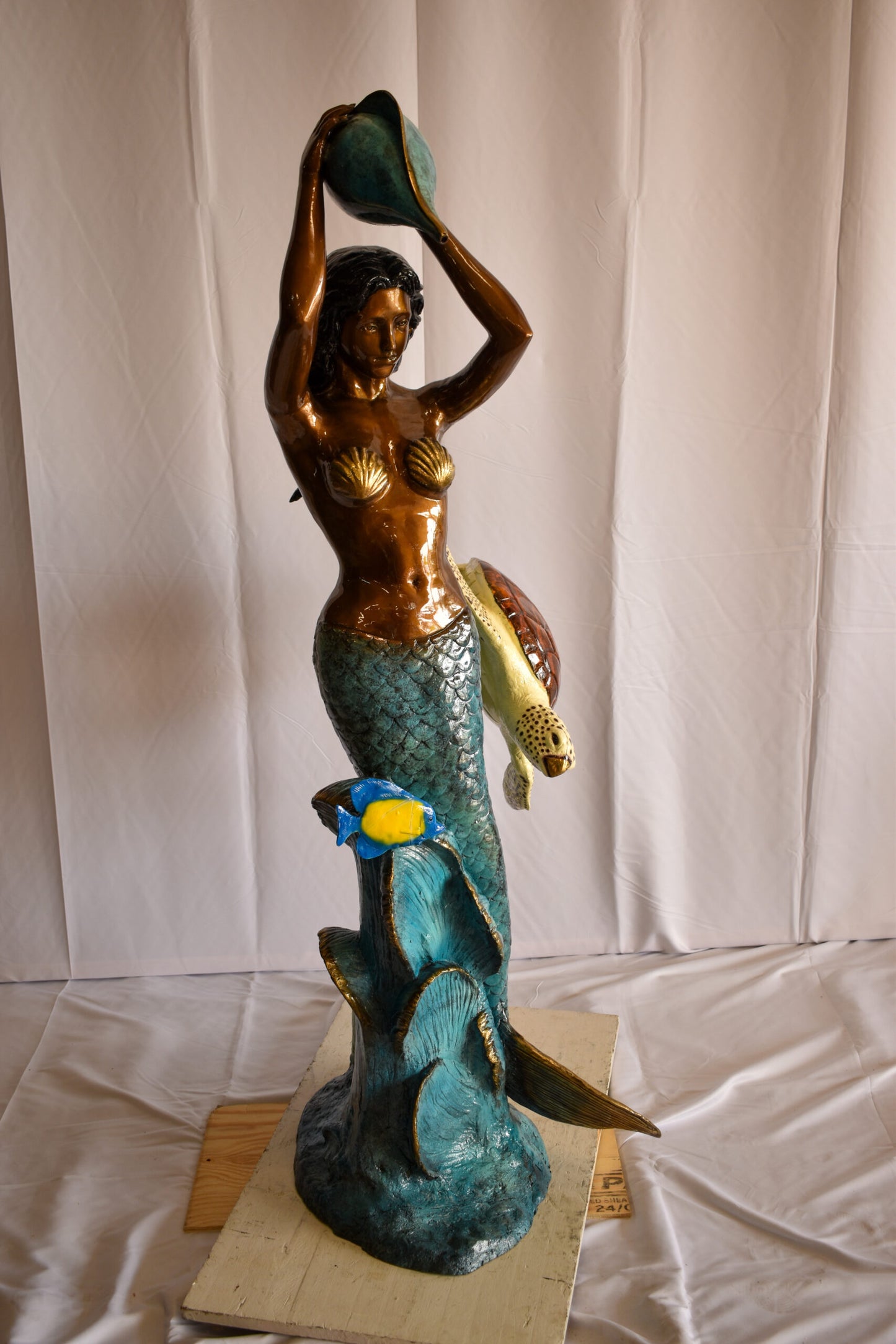 Mermaid With Clown fish and Turtle Bronze Fountain Statue 32" x 19" x 60"H