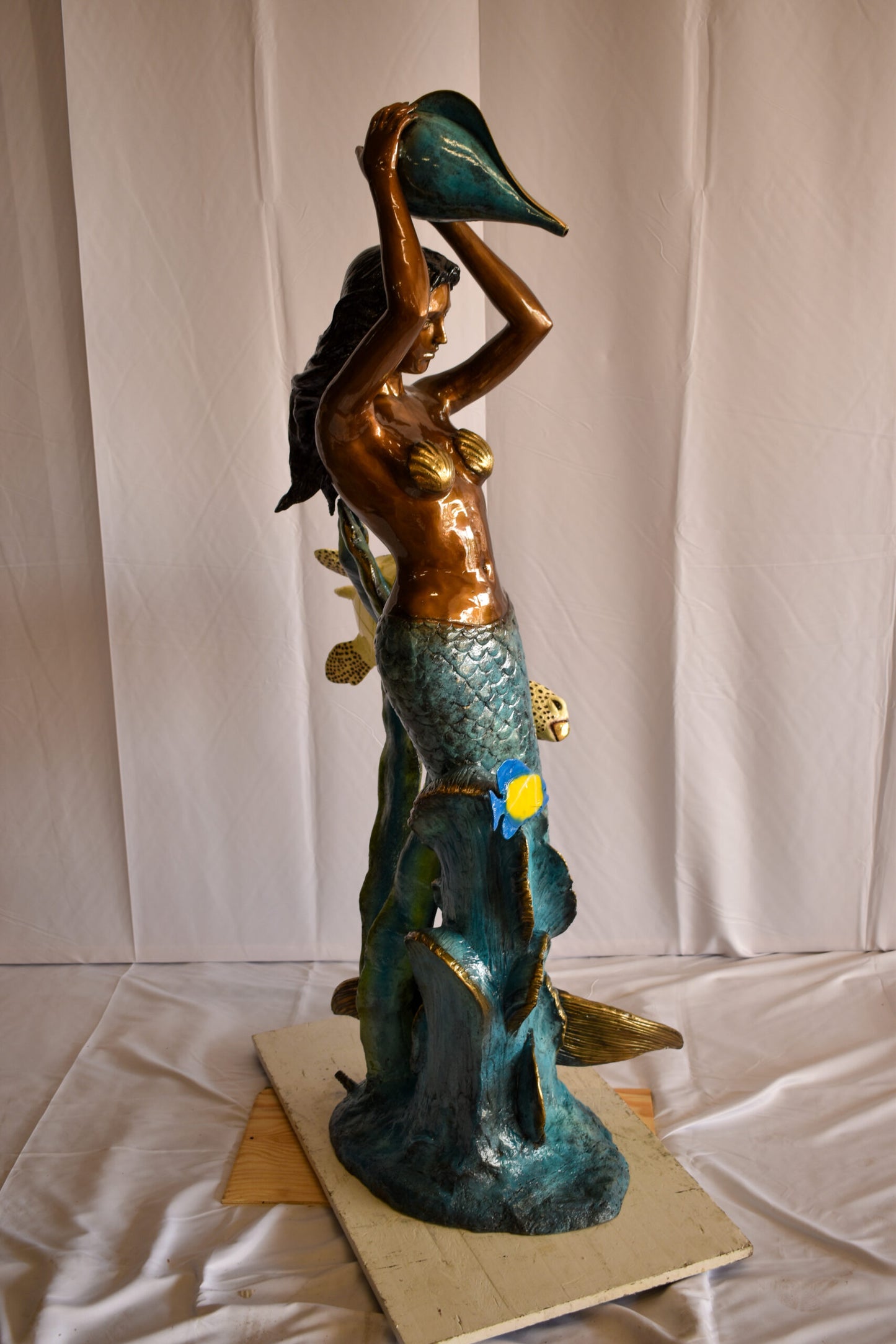 Mermaid With Clown fish and Turtle Bronze Fountain Statue 32" x 19" x 60"H