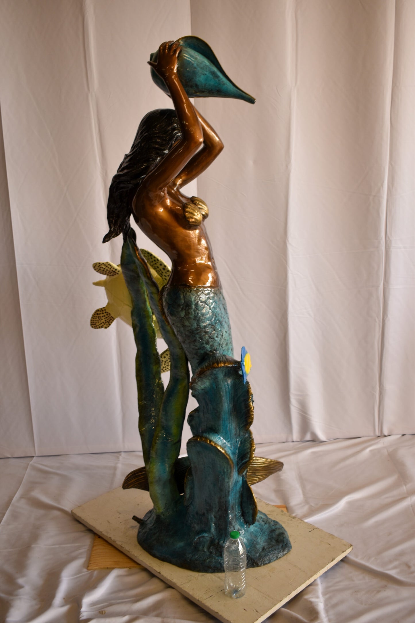 Mermaid With Clown fish and Turtle Bronze Fountain Statue 32" x 19" x 60"H