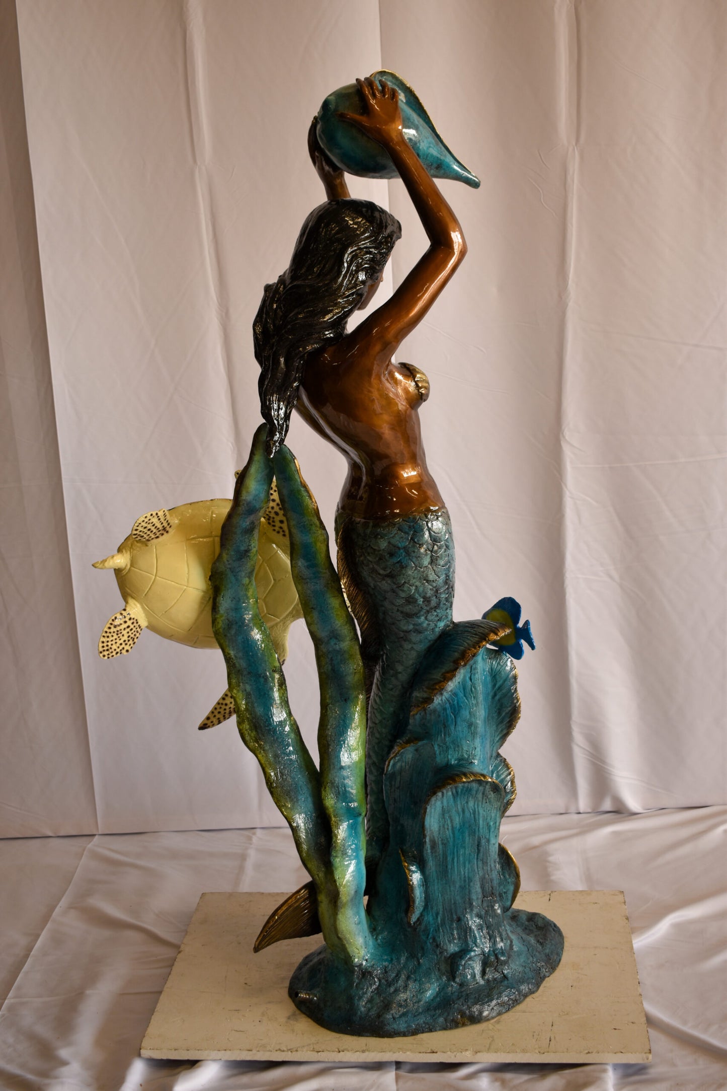Mermaid With Clown fish and Turtle Bronze Fountain Statue 32" x 19" x 60"H
