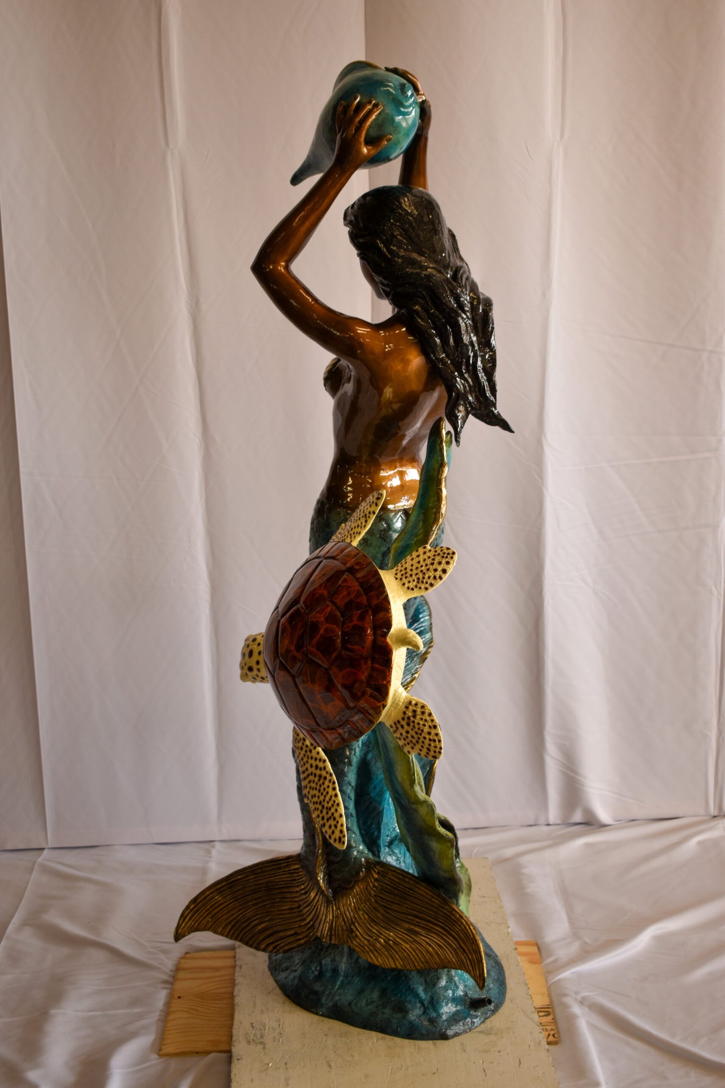 Mermaid With Clown fish and Turtle Bronze Fountain Statue 32" x 19" x 60"H