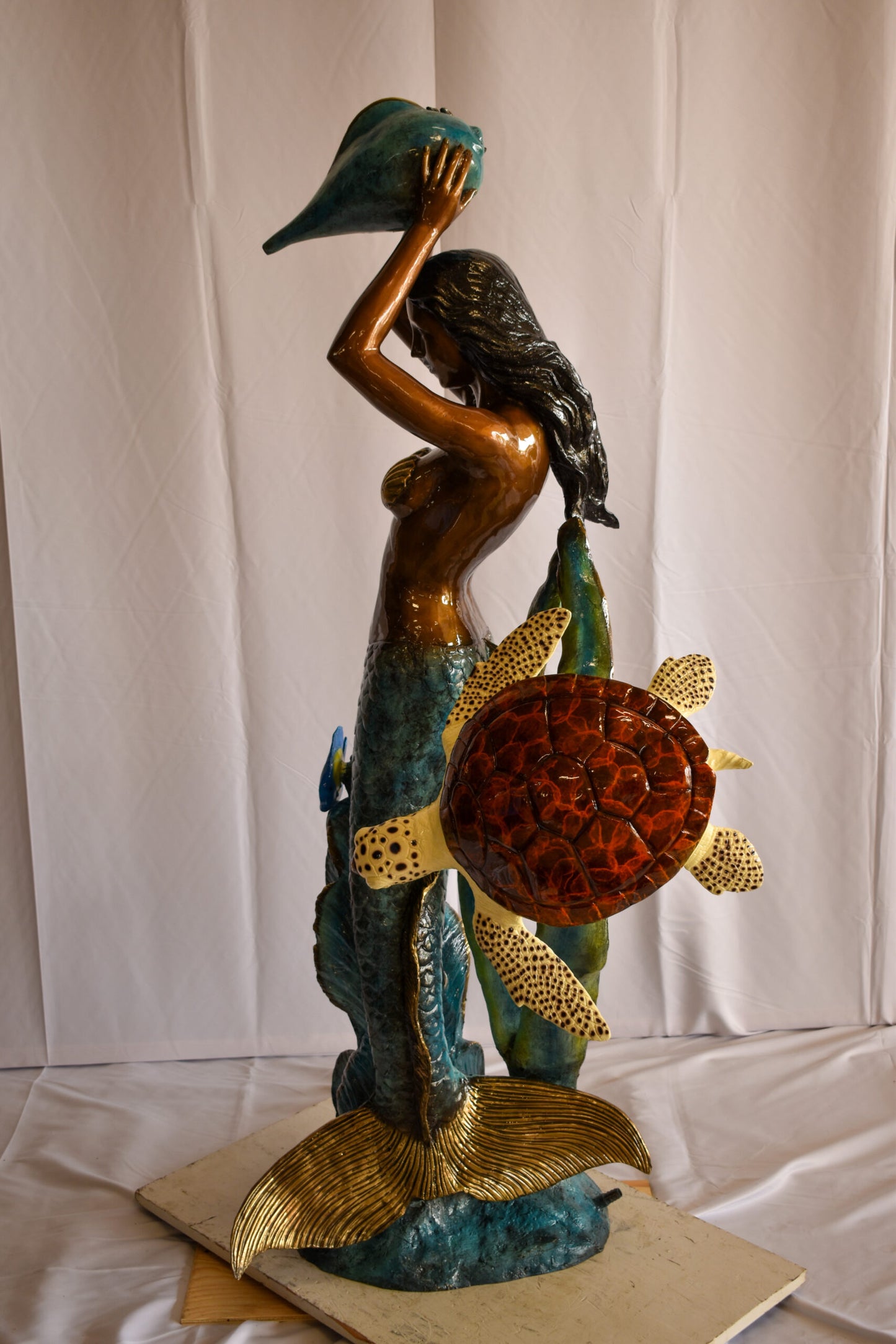 Mermaid With Clown fish and Turtle Bronze Fountain Statue 32" x 19" x 60"H