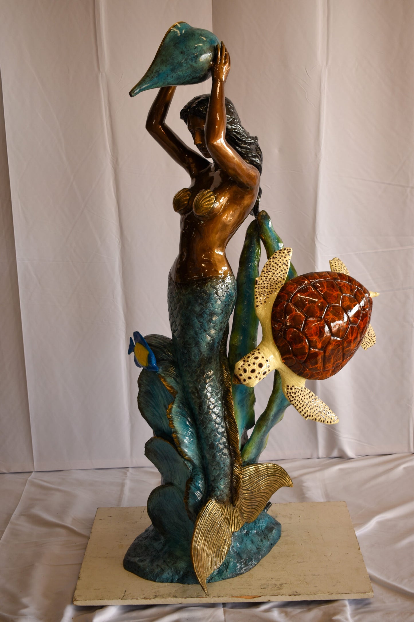 Mermaid With Clown fish and Turtle Bronze Fountain Statue 32" x 19" x 60"H