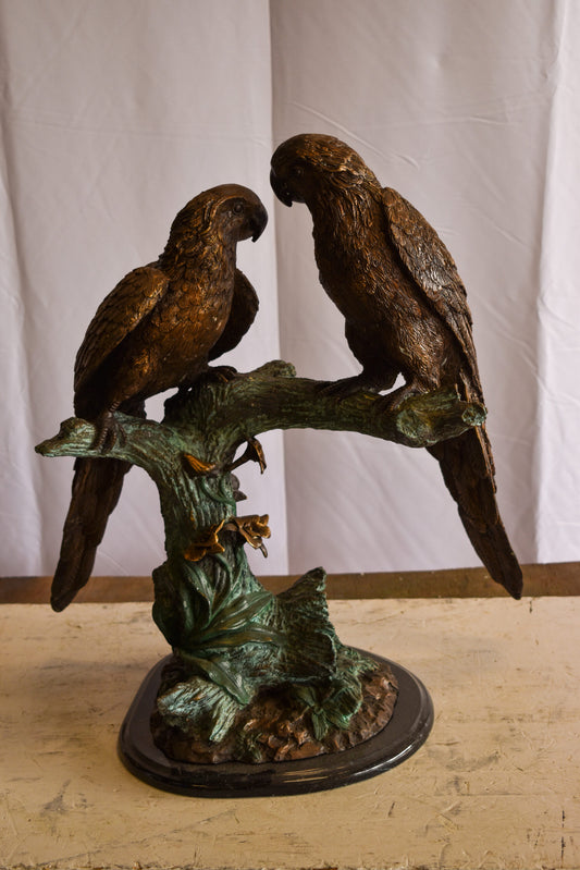 Two Parrots on a tree Bronze Statue Brown and Green Patina 13" x 20" x 23"H