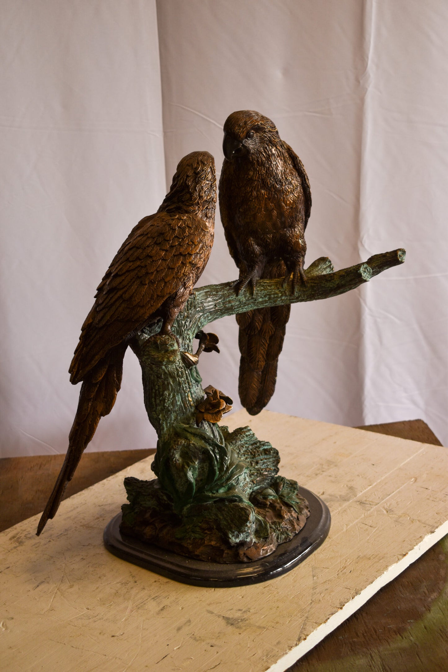 Two Parrots on a tree Bronze Statue Brown and Green Patina 13" x 20" x 23"H