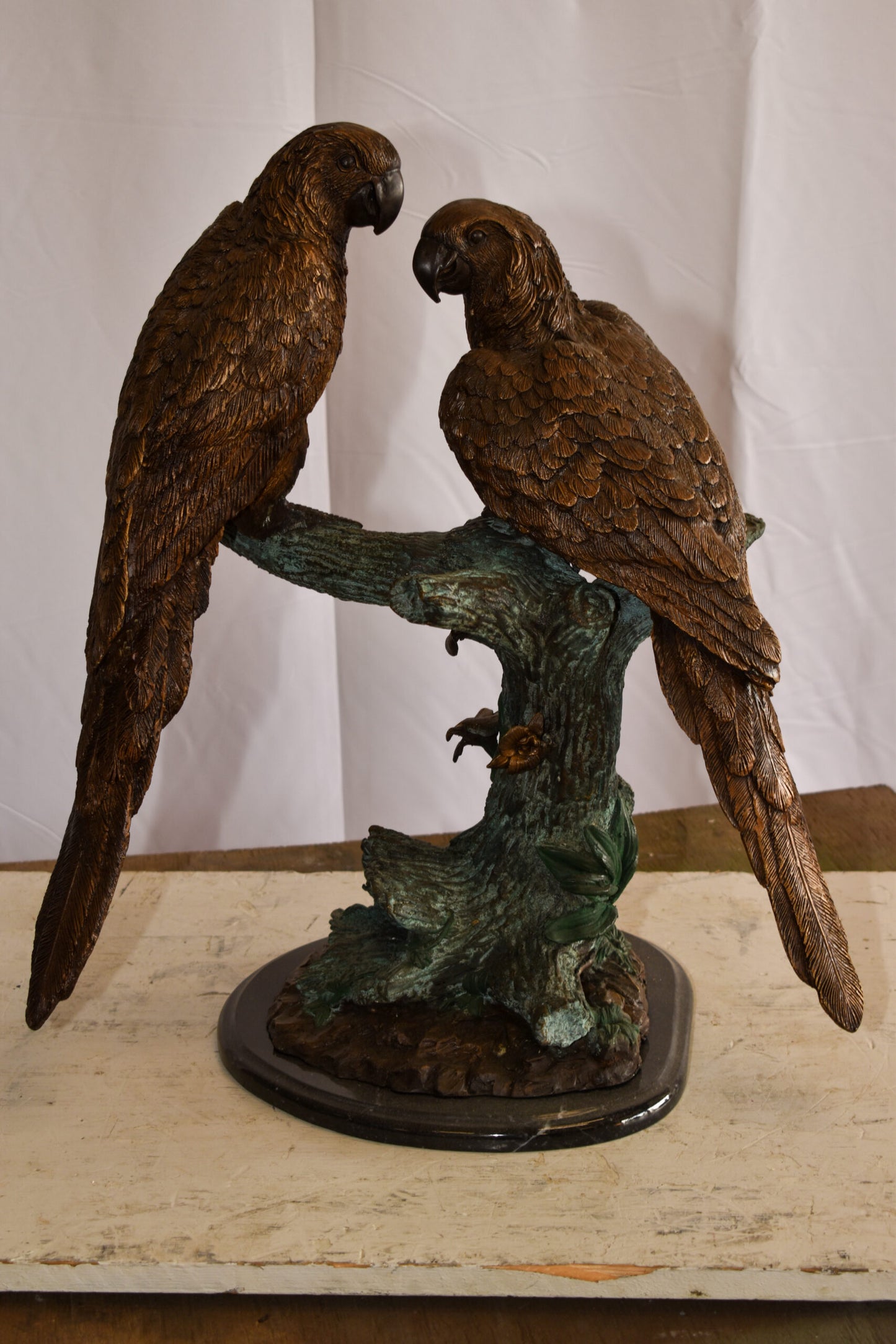 Two Parrots on a tree Bronze Statue Brown and Green Patina 13" x 20" x 23"H